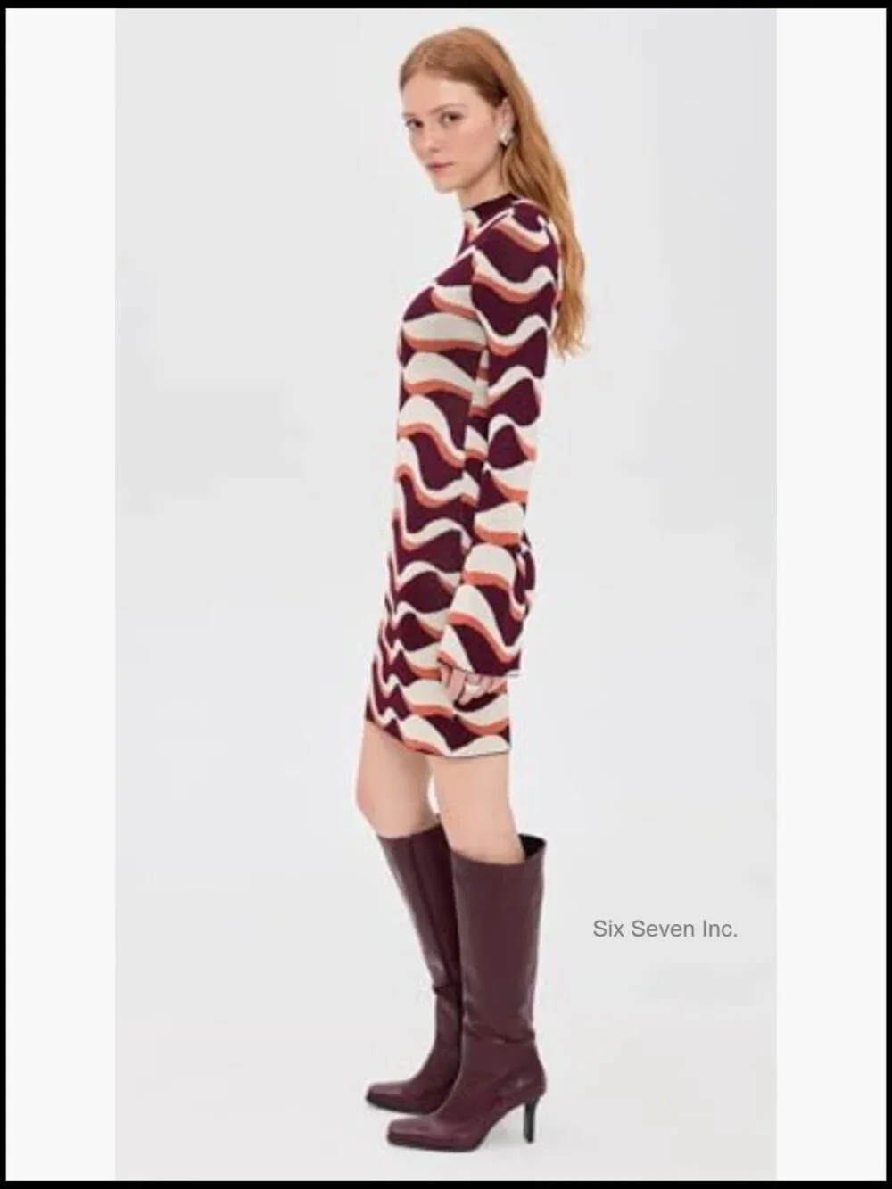 Lightweight Jacquit Knit Dress with Flared Cuffs and Mock Neck - Picture 4 of 6